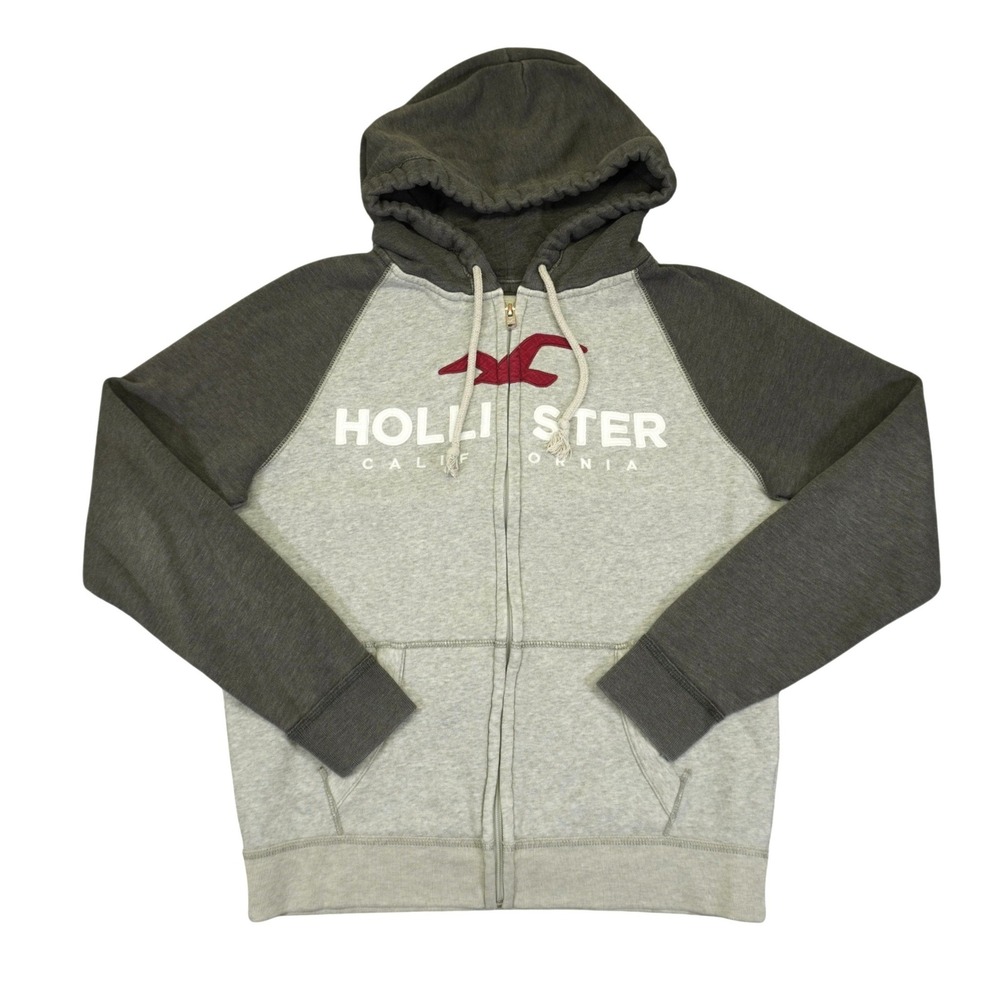 Hollister Full Zip Up Hoodie Mens Medium Grey Raglan Logo Fleece Sweatshirt‎